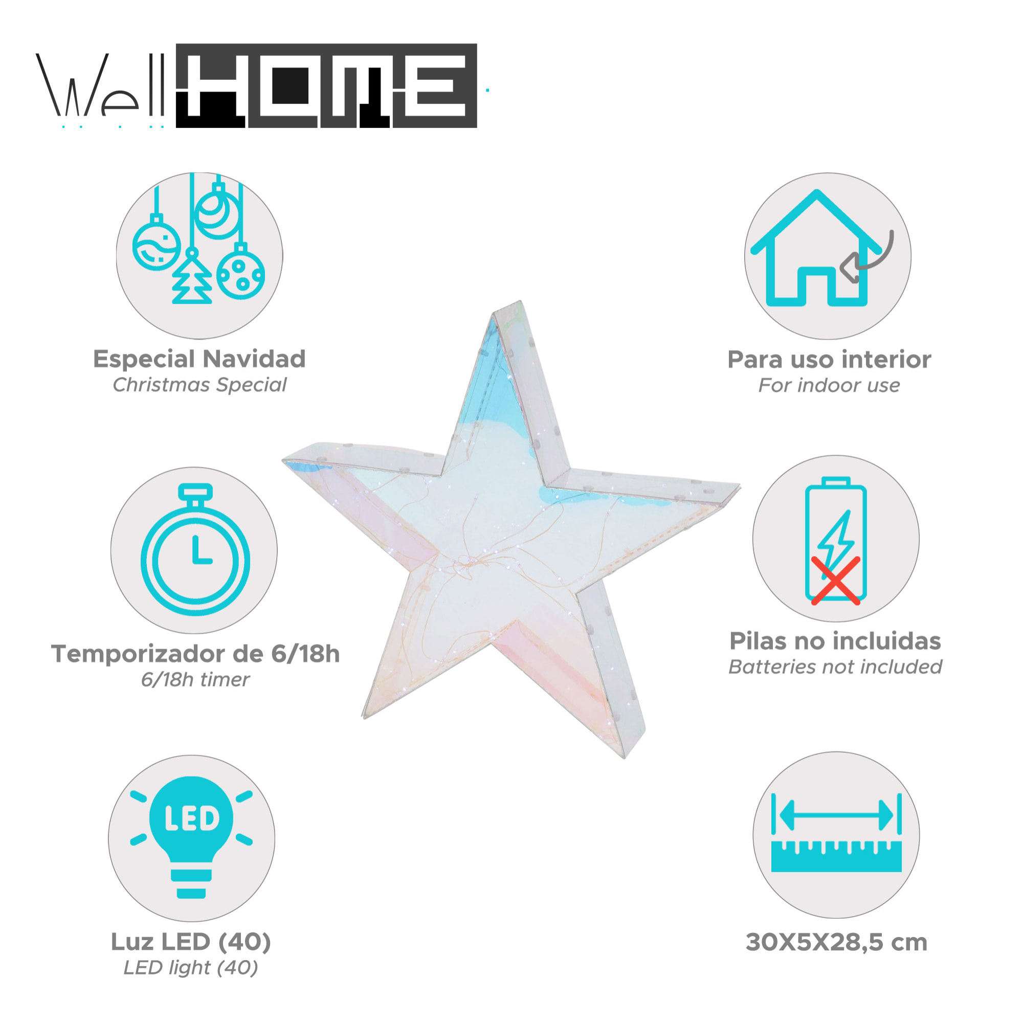 estrella luminosa con 40 luces led frios en colores del arco iris 30x5x28,5cm