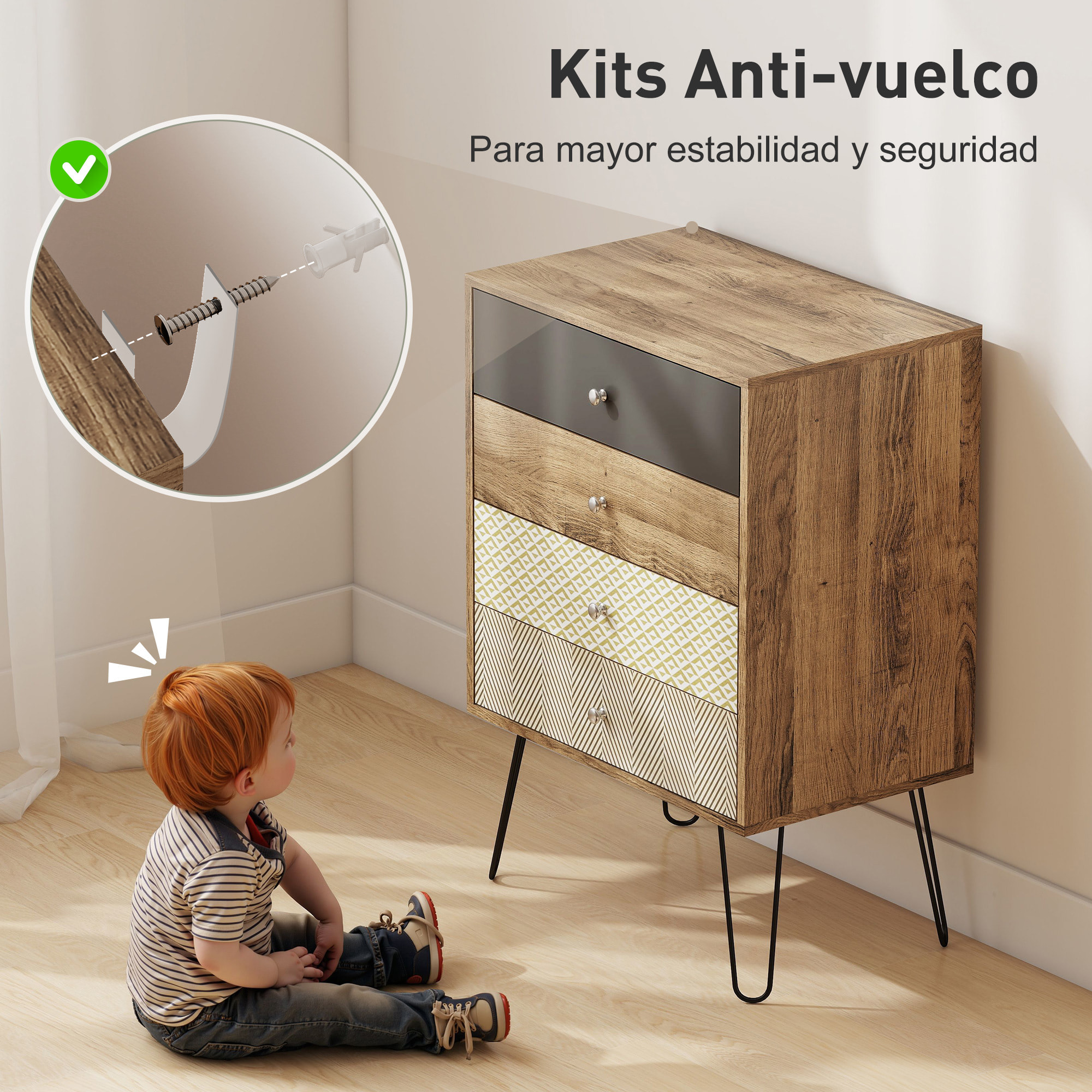 Cómoda 4 Cajones, Cómoda Dormitorio, con Patas de Horquilla de Acero, Cajonera para Salón, Oficina, Estilo Bohemio, 60x39x86 cm, Multicolor