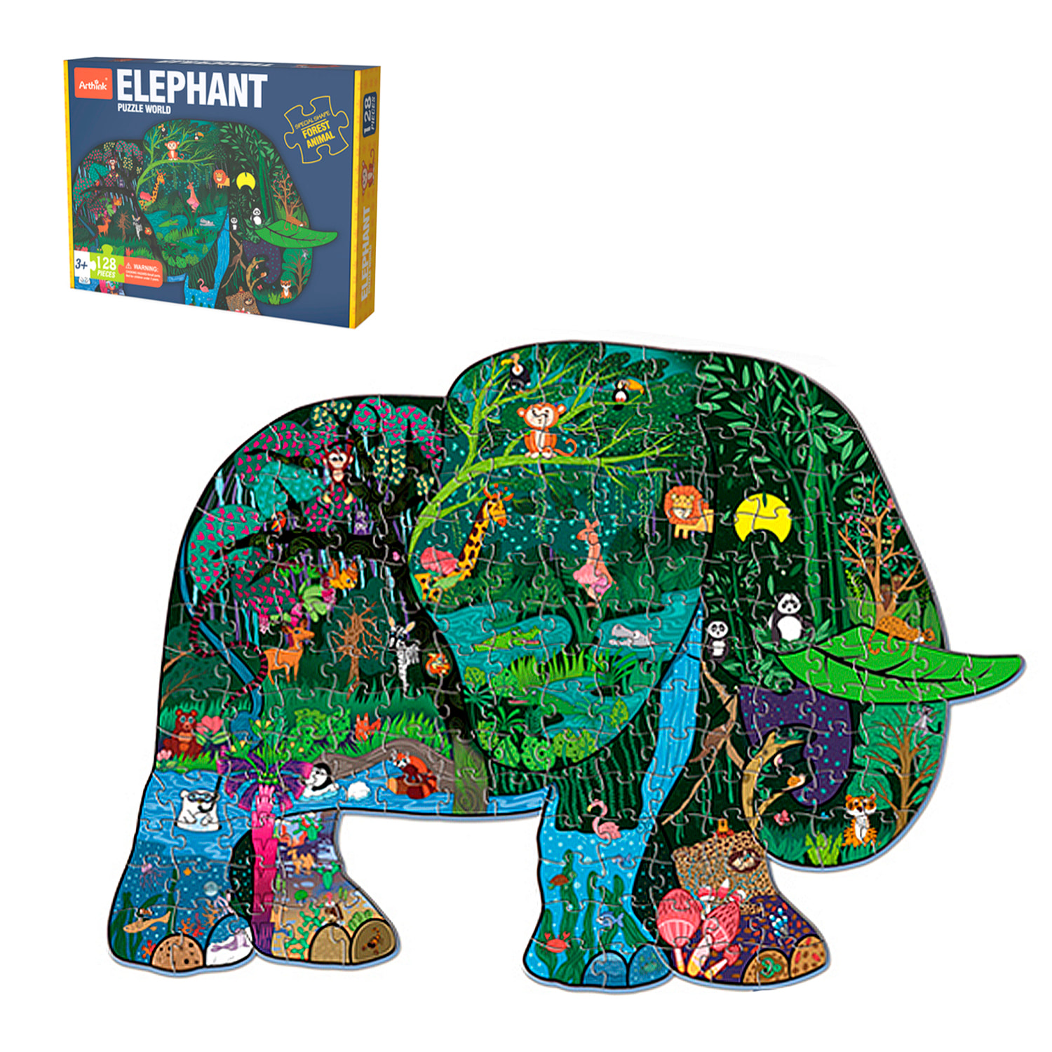 Puzle de cartón con 128 piezas. Diseño Elefante.