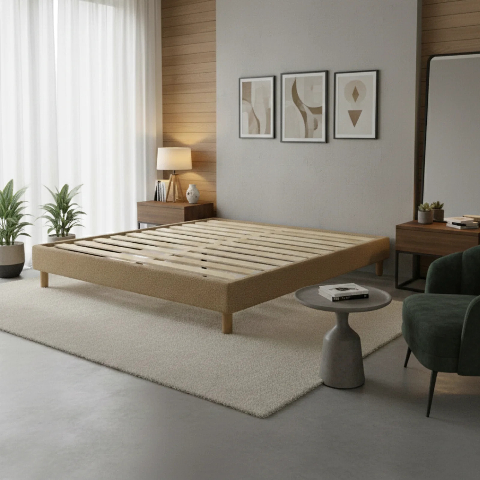 Lit Déco Cancun | Cadre à lattes | Robustesse et confort | Montage simple rapide | Bouclette | Camel