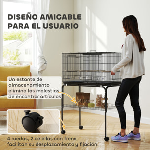 Jaula para Pájaros con Divisor Jaula con Ruedas para Mascota Aves Loros Canarios Pajarera con Comederos Perchas y Bandeja Extraíble 76x46x116 cm Negro