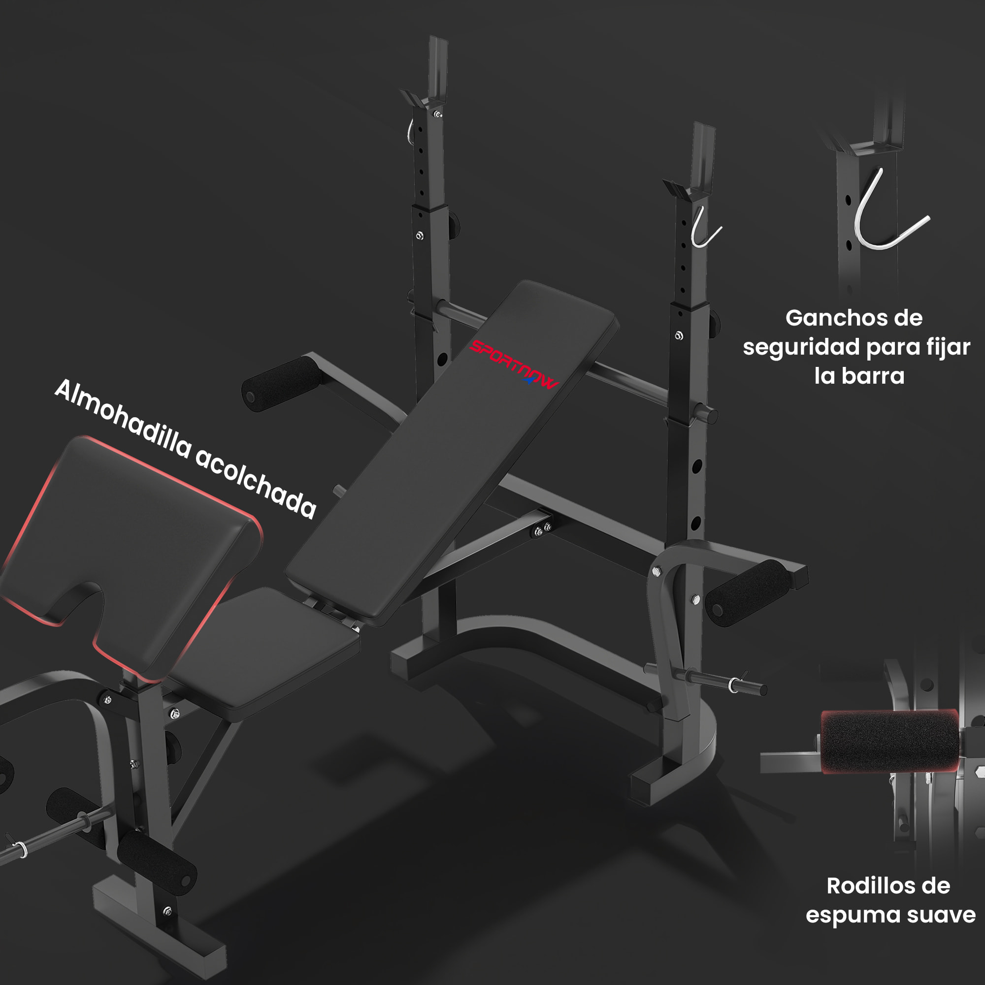 Banco de Musculación Multifuncional Inclinable, Banco de Pesas con Soporte para Barra Ajustable, Extensión de Piernas, Curl de Predicador y Mariposa, para Entrenamiento en Casa, Gimnasio