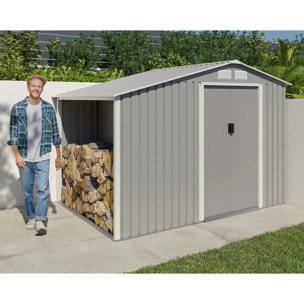 Abri de jardin métal gris avec bûcher 4,85 m² + kit d'ancrage