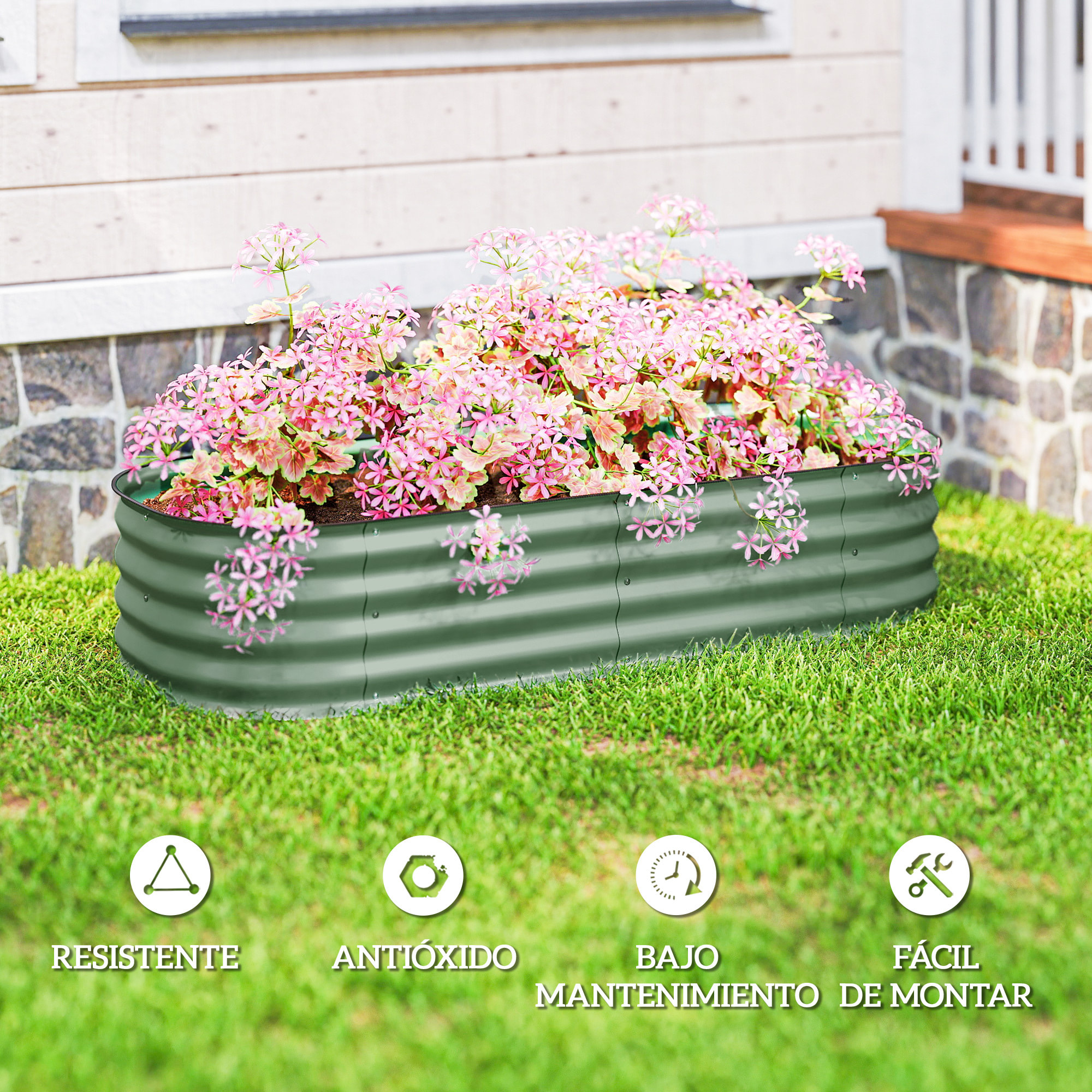 Jardinera Exterior Grande de Acero Galvanizado, Huerto Urbano para Cultivar Plantas, Macetero Exterior con Bordes de Seguridad, Fácil Montaje, Resistente a la Intemperie, 150x62x30 cm, Verde
