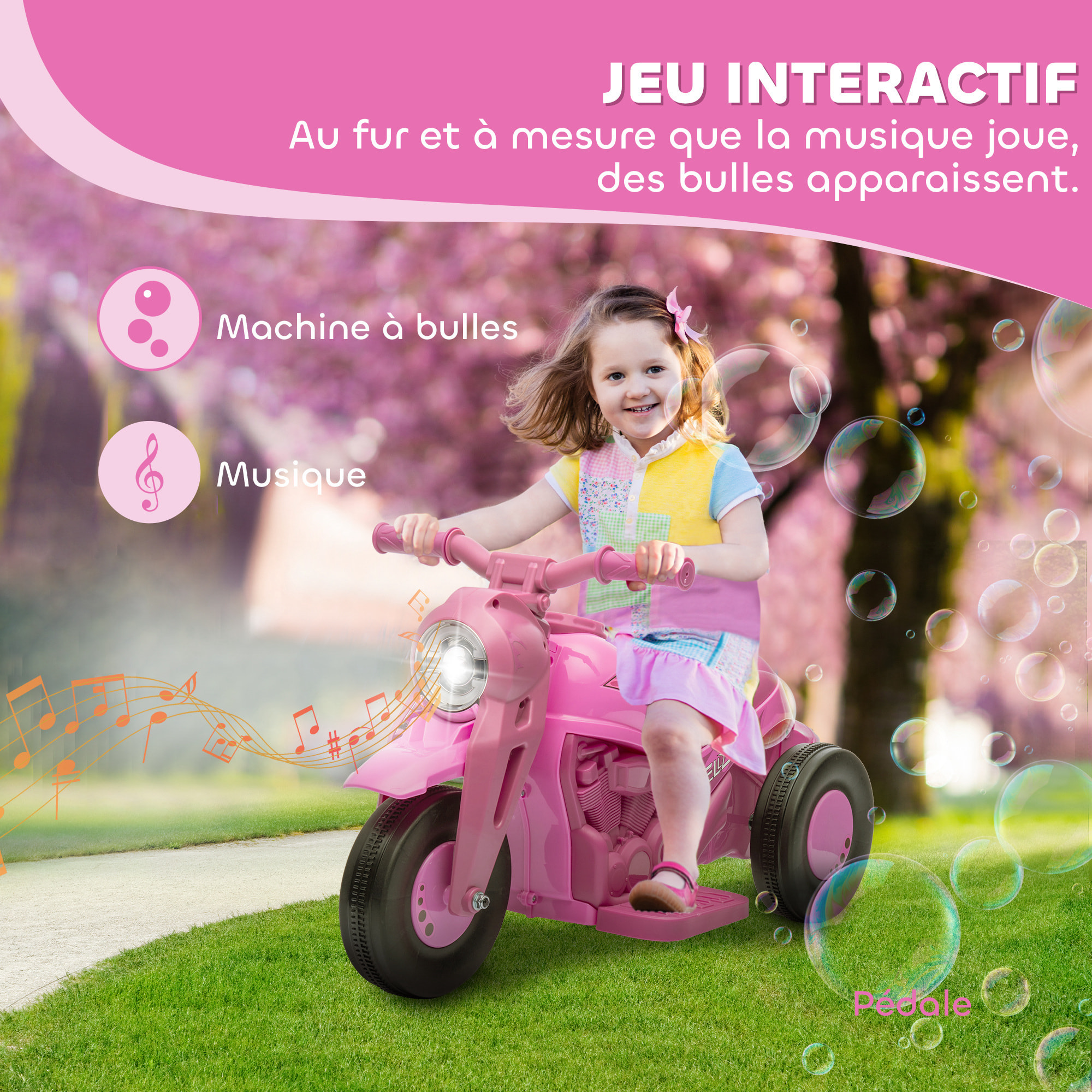 Moto électrique enfant chopper 6V env. 3Km/h 3 roues effets lumineux sonores fonction bulles rose