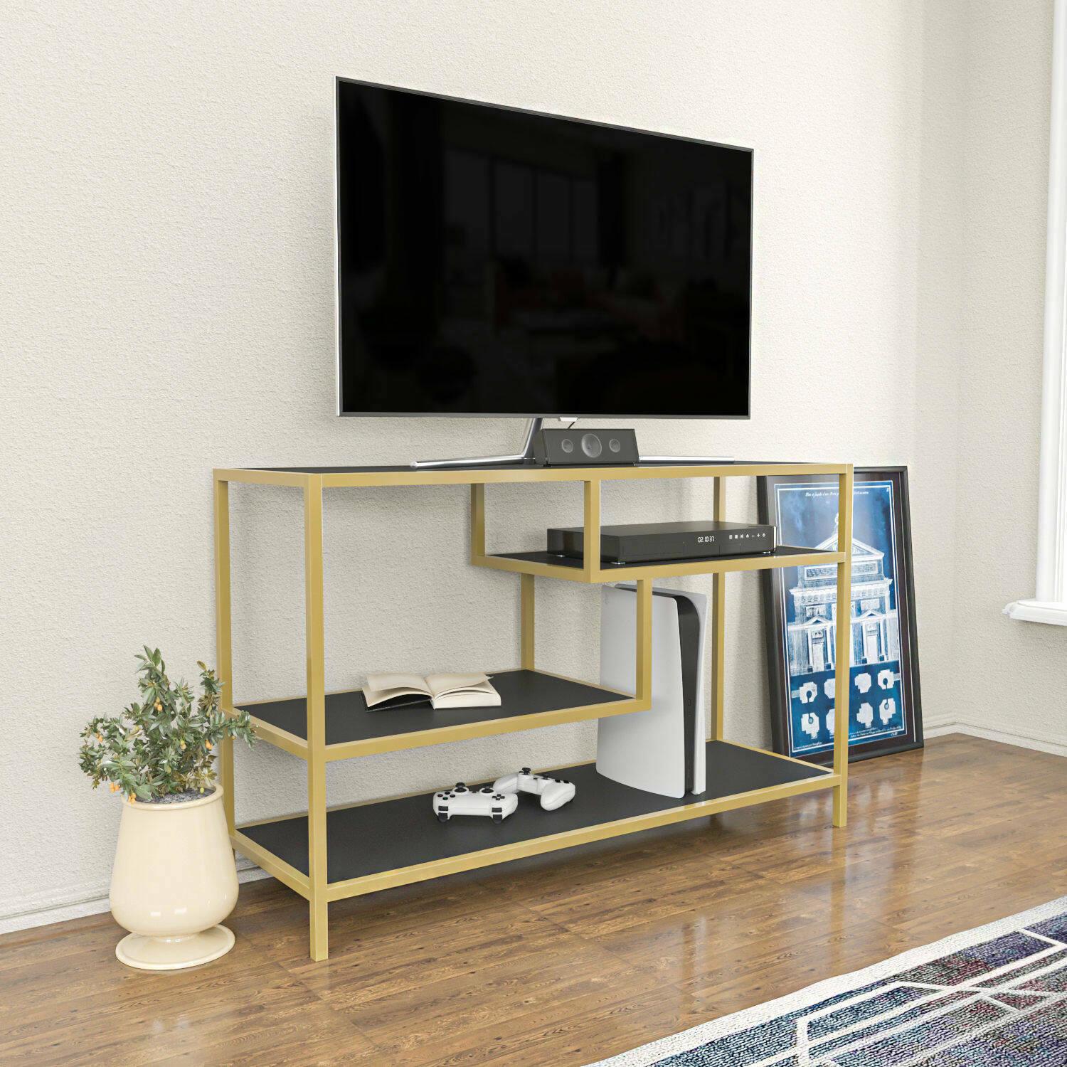 Mobile porta TV Dplizzar, Credenza da soggiorno, Armadio basso per TV, Base parete attrezzata, 120x39h75 cm, Oro e Antracite