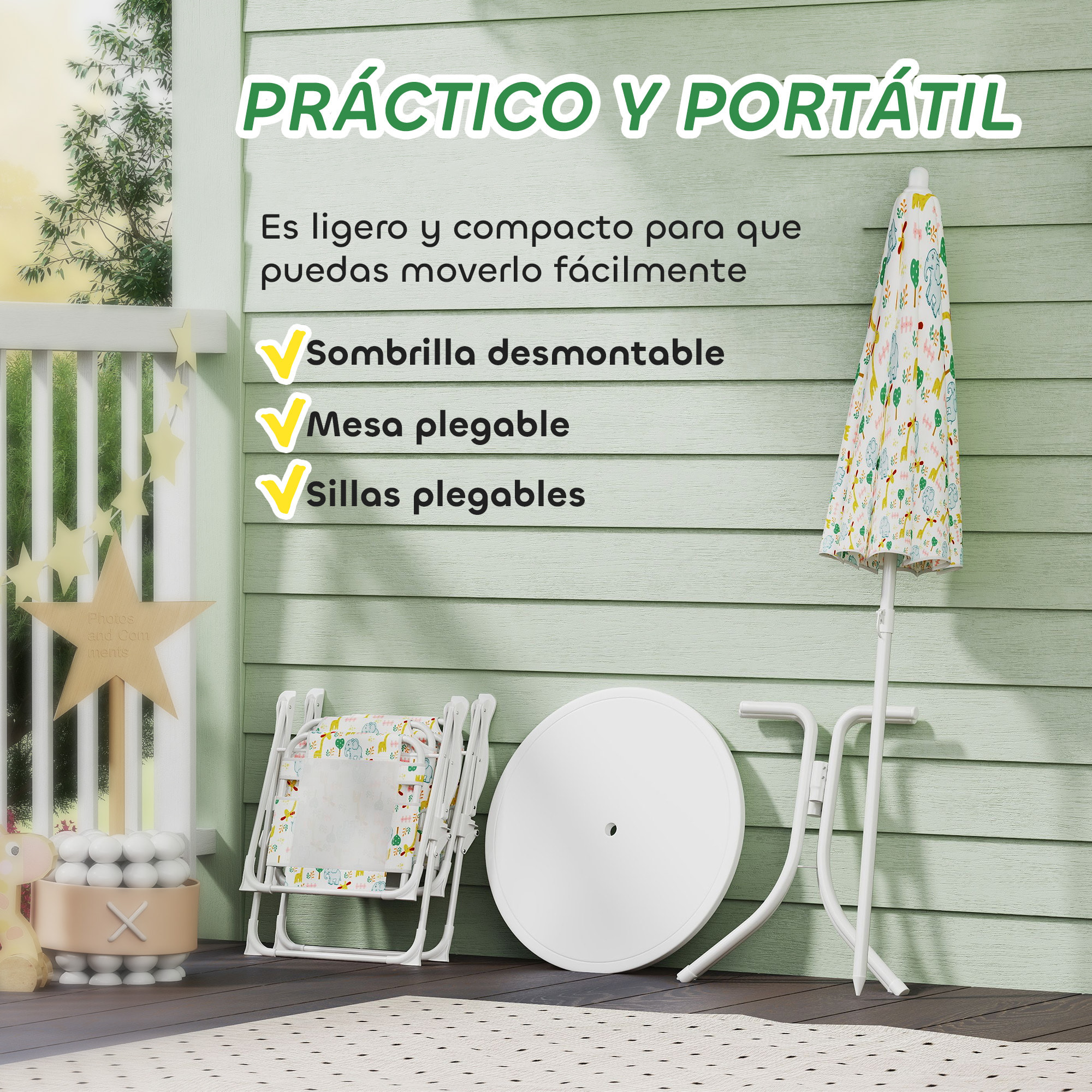 Conjunto de Mesa y Sillas Infantil de Jardín de 4 Piezas, Mesa Infantil con Sillas Plegables, Sombrilla Ajustable, Diseño de Elefantes y Jirafas, para Patio, Pícnic, Blanco