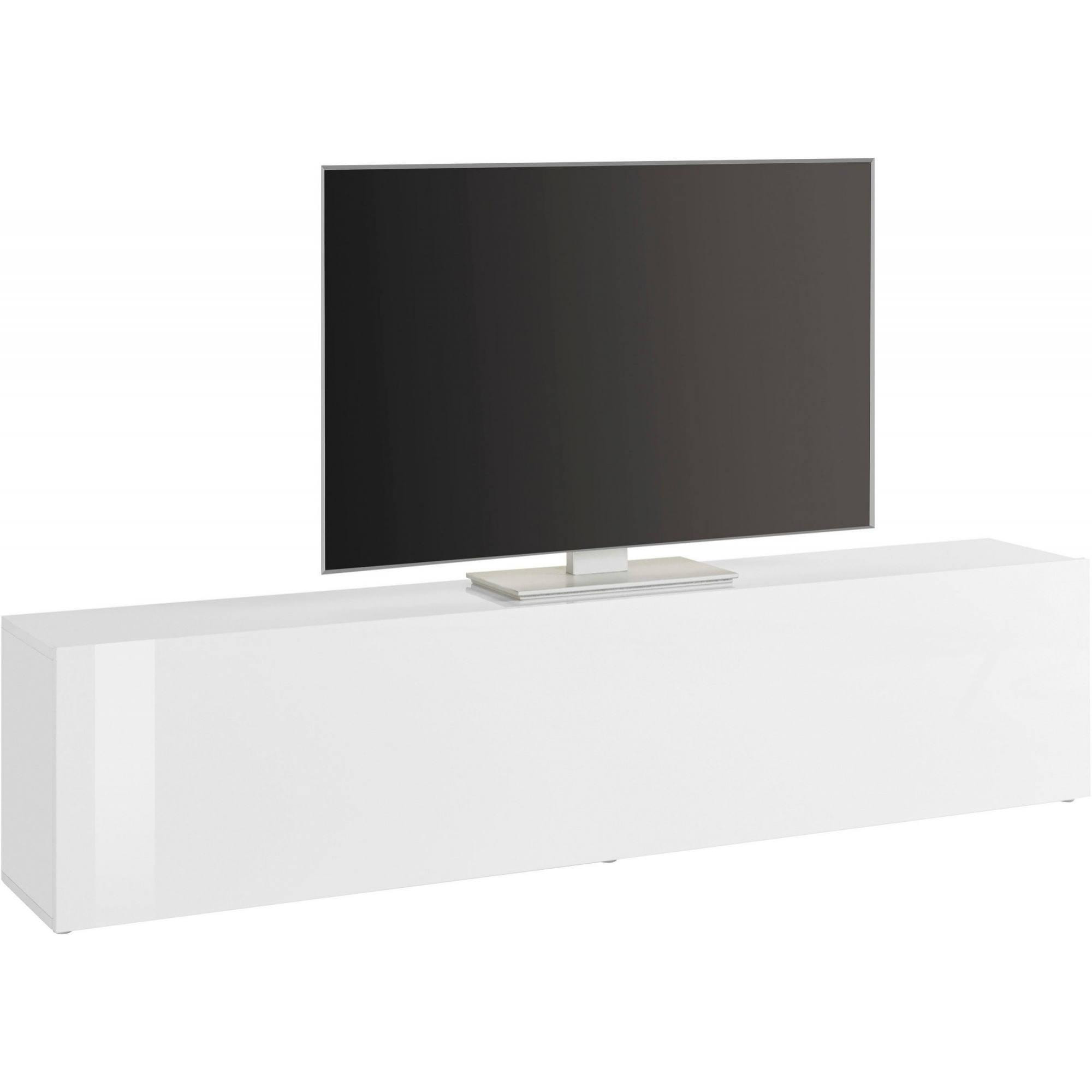 Mobile da soggiorno Porta TV, Made in Italy, Supporto per TV da salotto a 1 anta a ribalta, cm 180x30h40, colore Bianco lucido