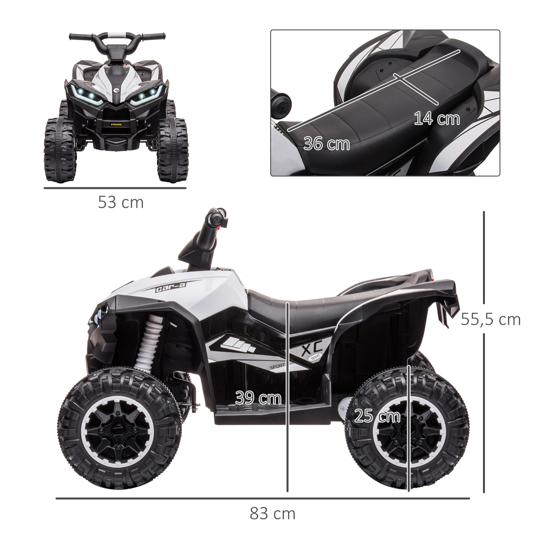 Quad Eléctrico para Niños de 3-5 Años Vehículo Eléctrico a Batería 12V con 2 Motores Faros Bocina Música Velocidad Ajustable Avance y Retroceso 83x53x55,5 cm Blanco