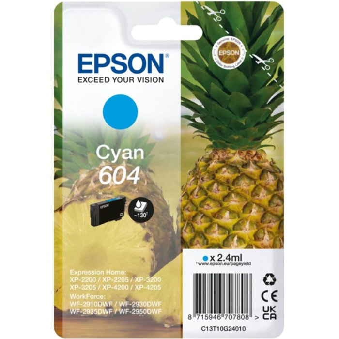 Cartouche d'encre EPSON Originale 604 Cyan Standard Série Ananas - C13T09R24010