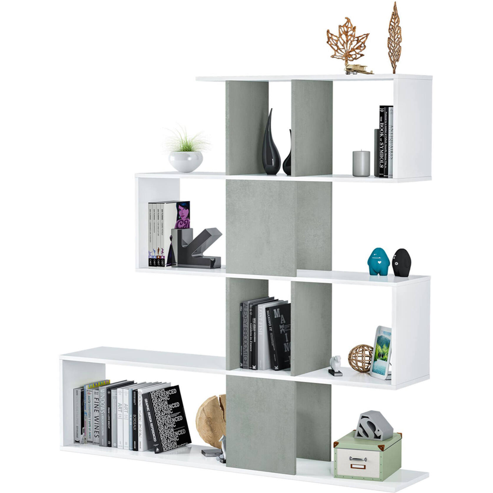 Libreria Pueblo, Mobile portalibri con 7 scomparti, Scaffale moderno da ufficio, Mobile da parete con ripiani, cm 145x29h145, Bianco e Cemento