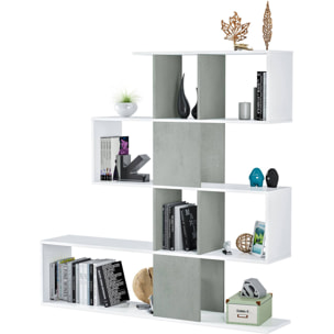 Libreria Pueblo, Mobile portalibri con 7 scomparti, Scaffale moderno da ufficio, Mobile da parete con ripiani, cm 145x29h145, Bianco e Cemento