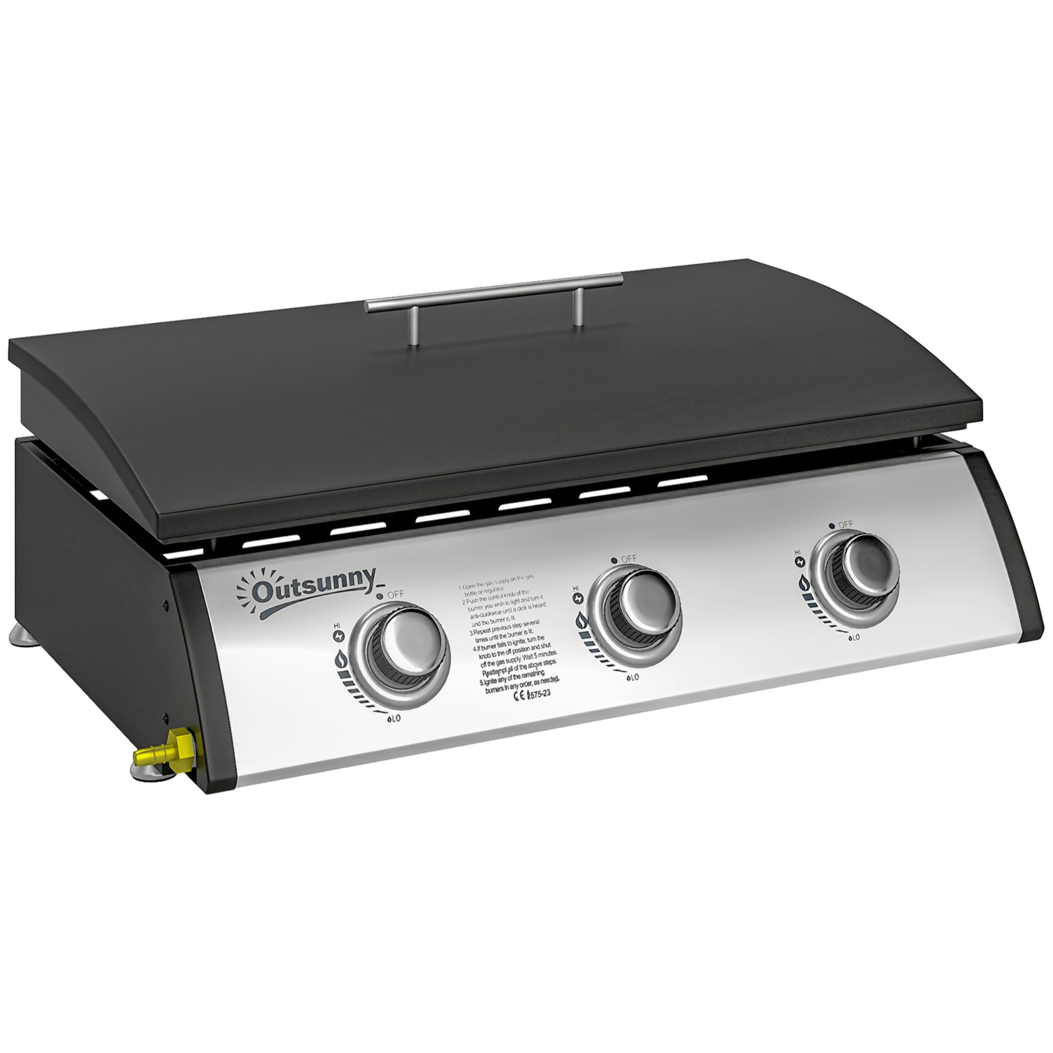 Plancha gaz avec couvercle - 3 brûleurs total 7,5 kW - surface cuisson 61 x 35,5 cm - détendeur tuyau inclus