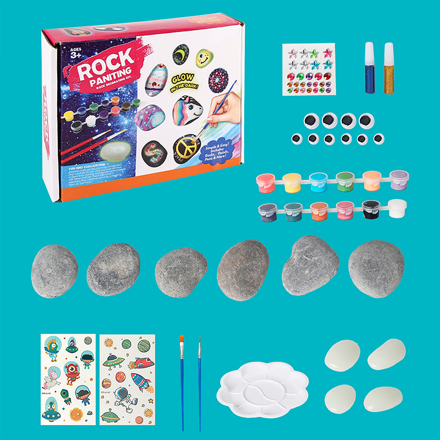 Kit creativo de pintura para piedras, con efecto de brillo en la oscuridad. Incluye pinceles, 12 pinturas, pegatinas, ojos saltones y polvos decorativos.