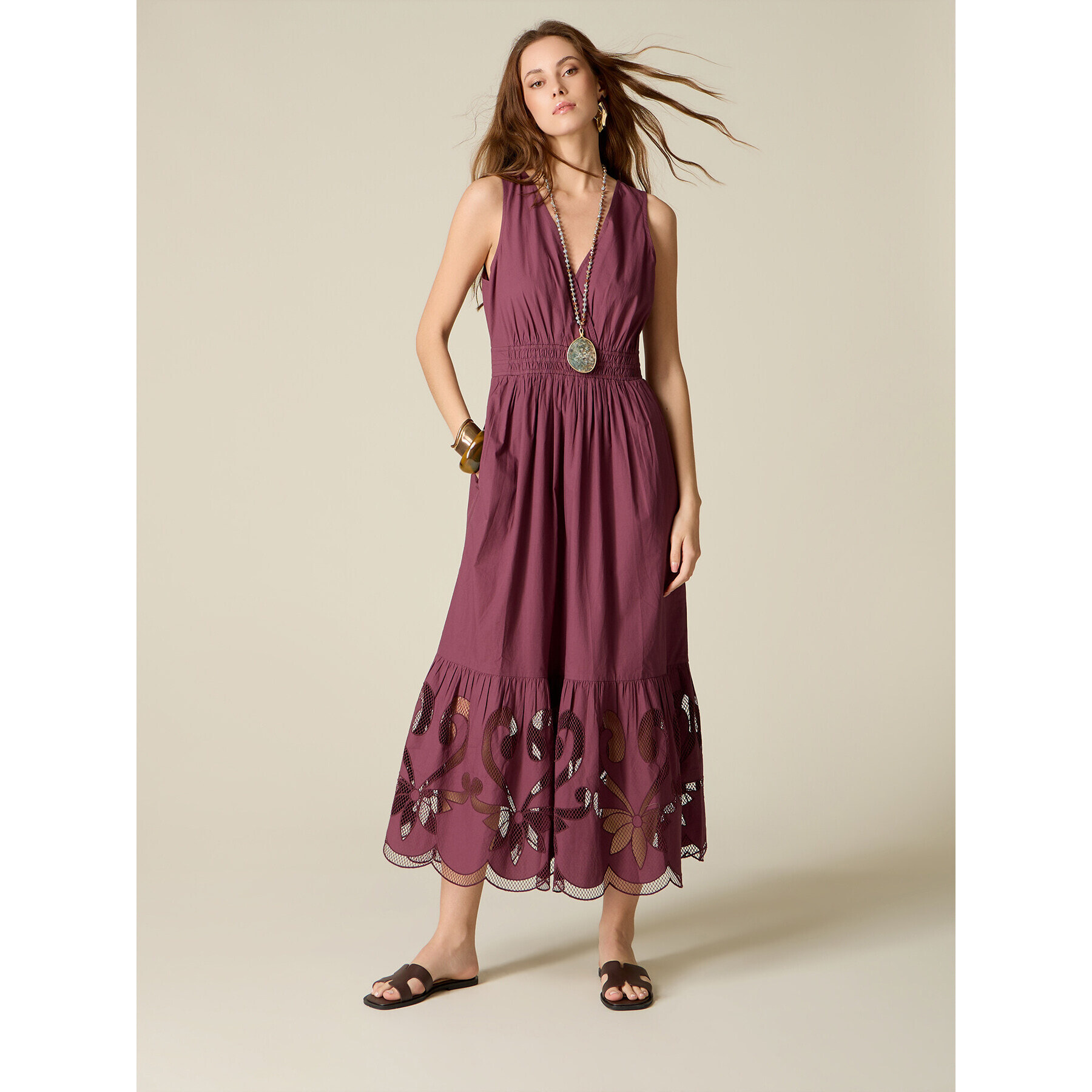 Oltre - Vestido largo de algodón con detalles calados - Violeta