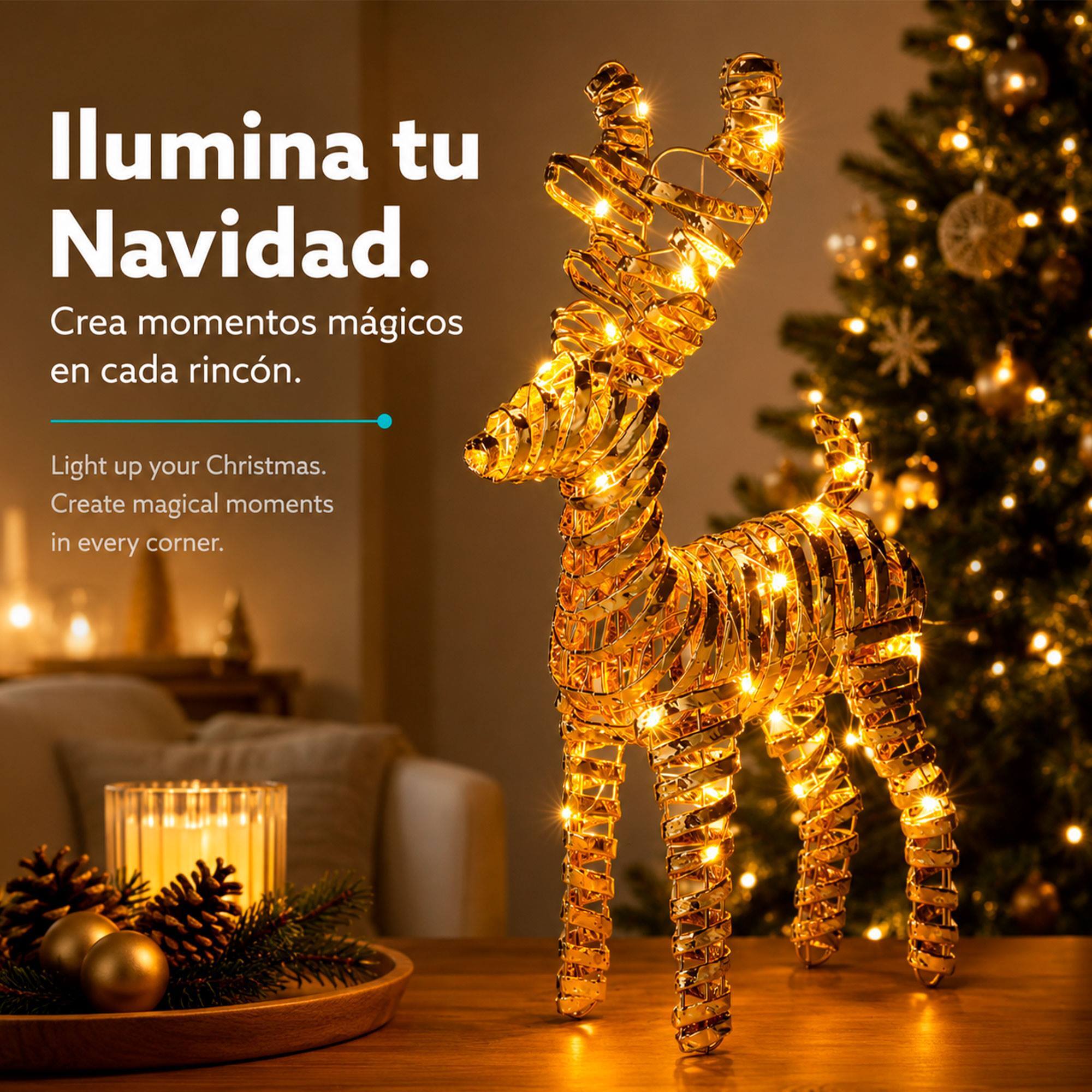 Reno navideño led dorado con 30 microled blanco cálido, con temporizador 24x9x37 cm