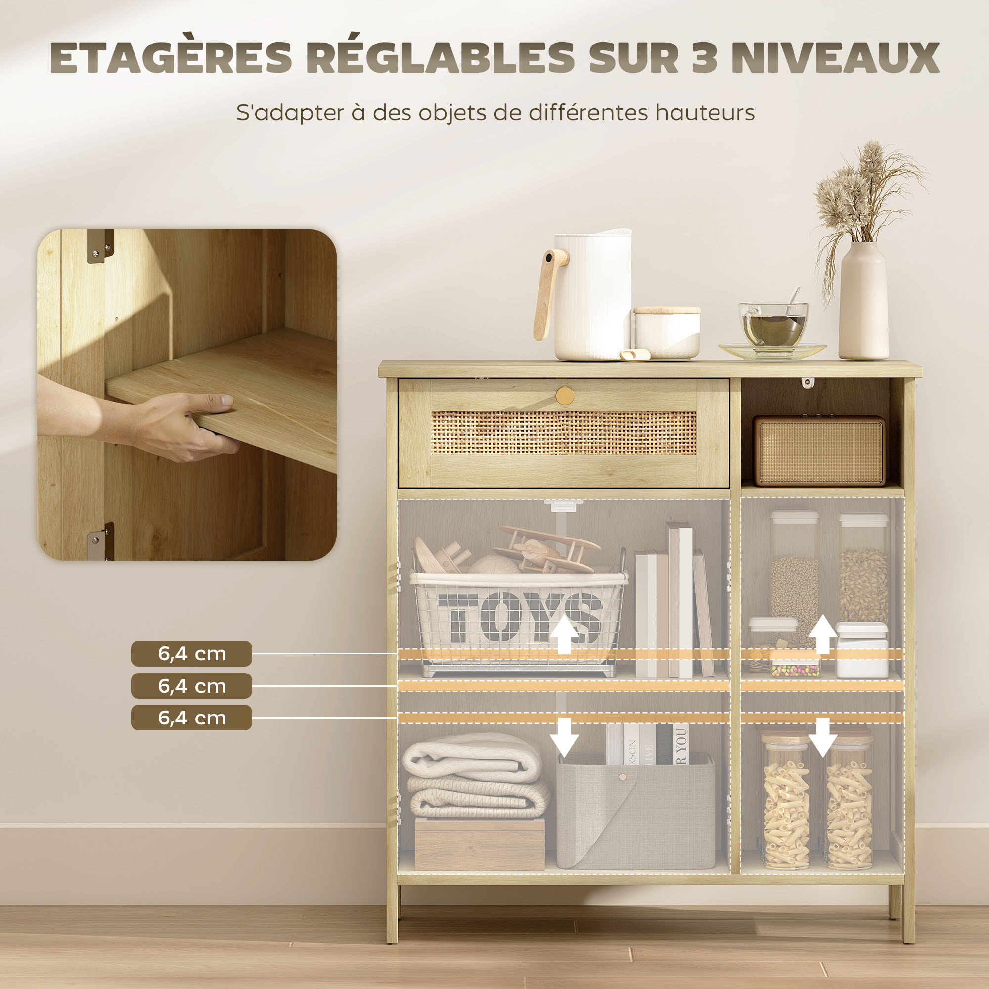 Buffet style bohème naturel - 2 portes, étagère, 3 niches, tiroir - rotin effet bois clair