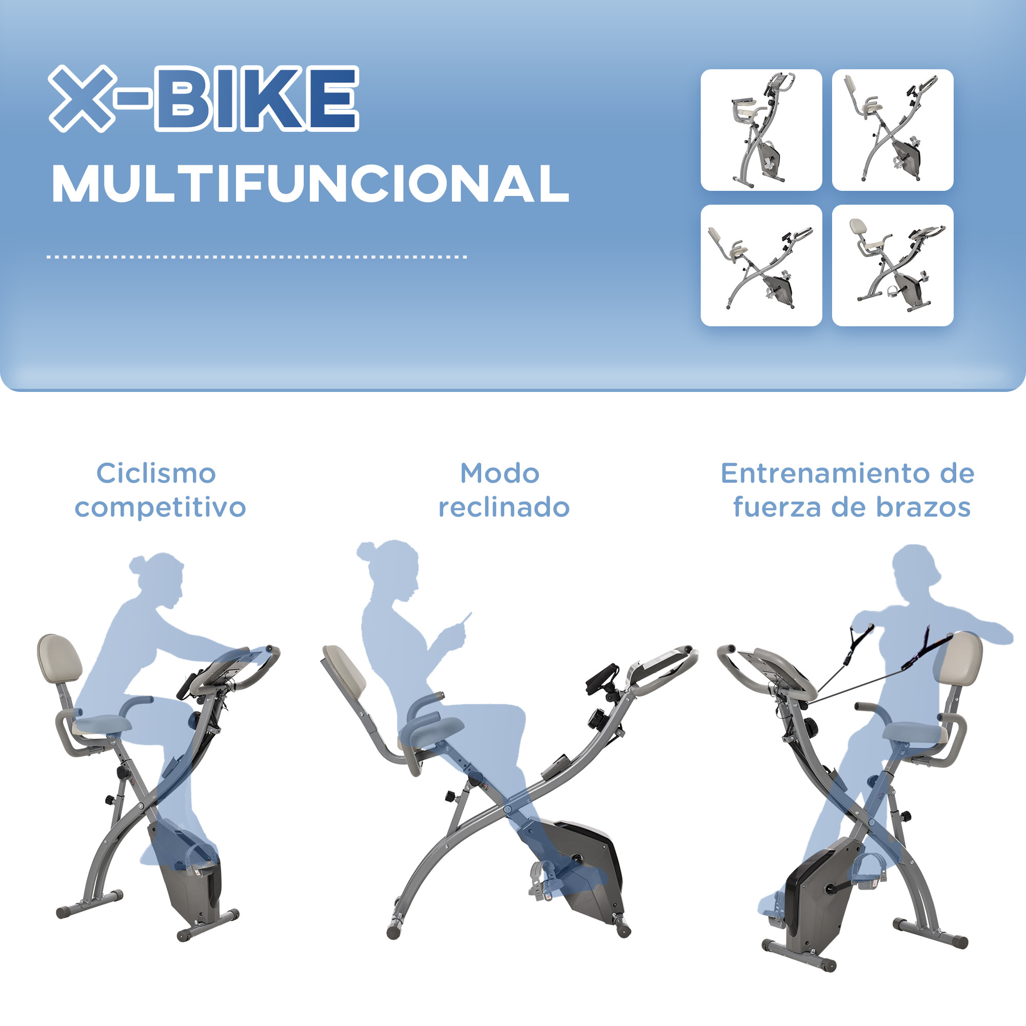 Bicicleta Estática Plegable con Respaldo Altura y Resistencia Ajustables Gris