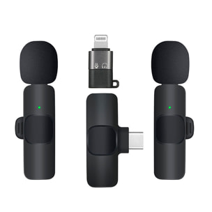 Set di 2 microfoni a clip K9, Plug & Play. Riduzione del rumore, wireless, 2.4GHz. Per iOS e Android.