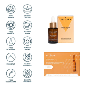 Valquer Pack Facial Vitamina C y Ácido Hialurónico - Serum 30 ml y Ampollas 5 x 2 ml
