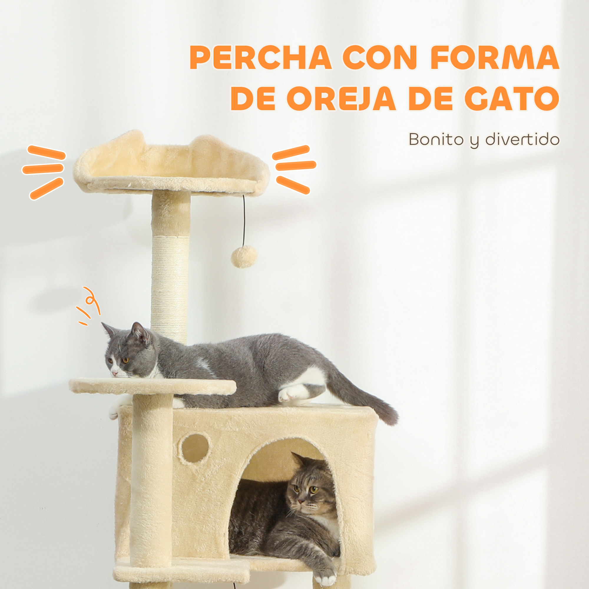 Árbol Rascador para Gatos, Árbol para Gatos 180 cm, Torre Escalador con Múltiples Plataformas, Cama, 2 Cuevas, Hamaca, Escalera, Postes de Sisal, Bolas para Jugar, Beige