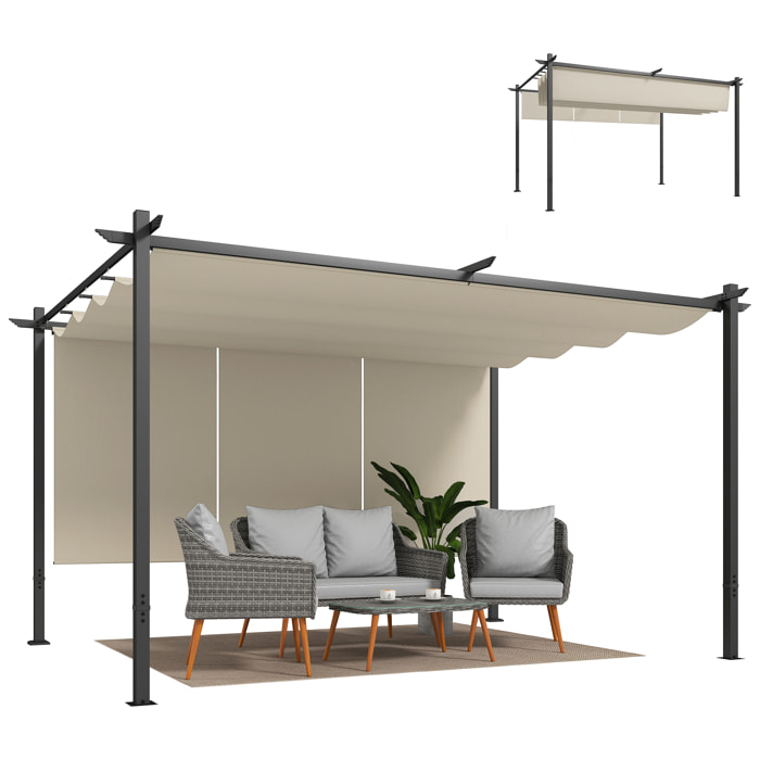 Pérgola de Jardín 4x3 m con Techo Retráctil y 3 Laterales Enrollables, Cenador de Jardín Montado en Pared o Independiente, con UPF30+, Estructura Metálica, Pabellón para Exterior, Beige