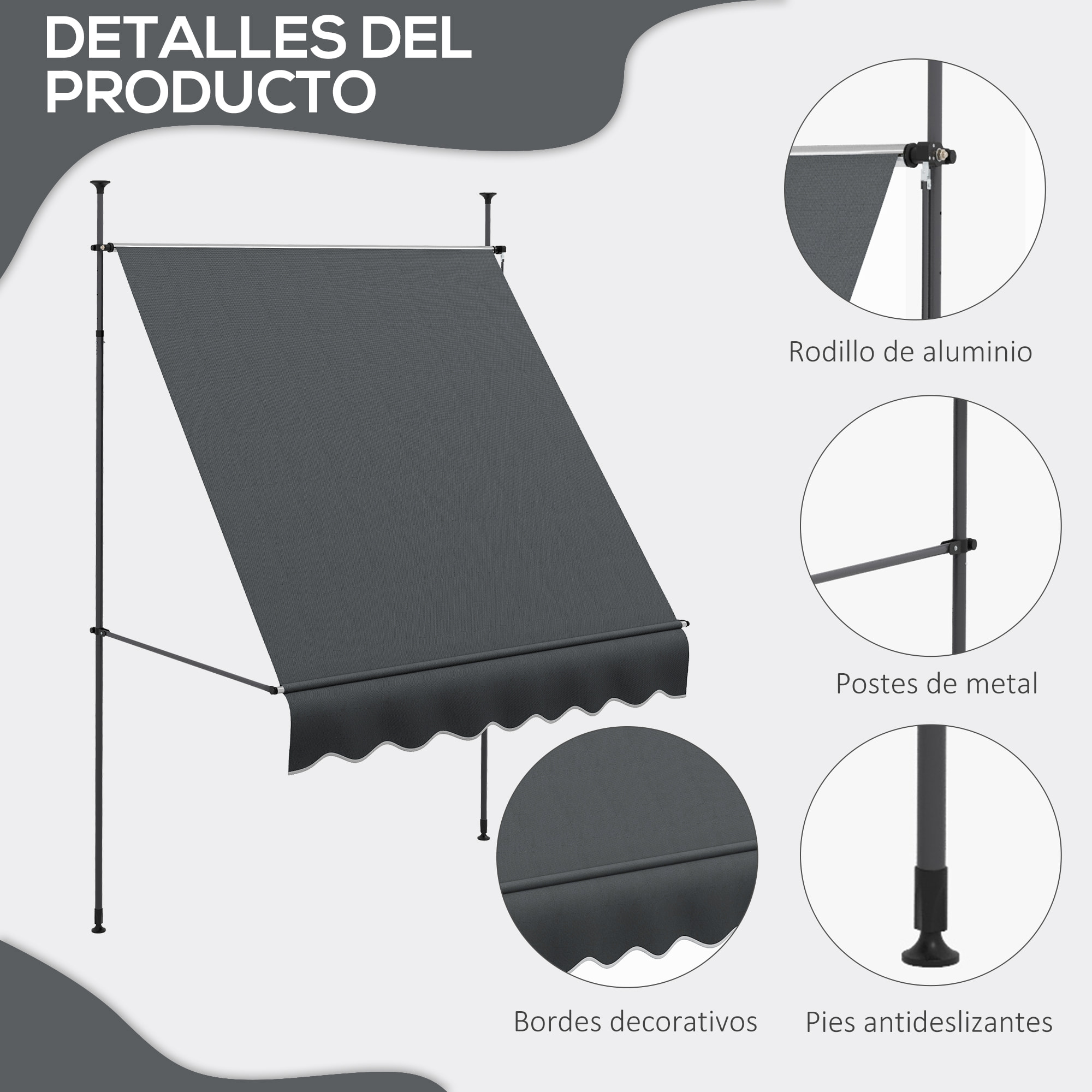 Toldo Manual Retráctil con Manivela 200x120x210-300 cm Toldo para Balcón con Altura Ajustable Impermeable y Anti-UV para Jardín Terraza Gris Oscuro