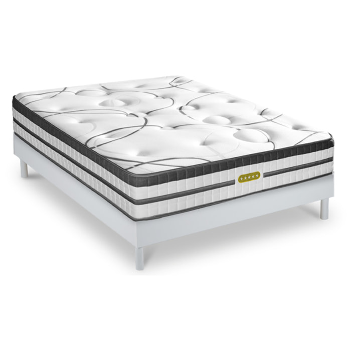 Ensemble CONCORDE | 2 Places | matelas Ressorts ensachés + sommier bois Blanc