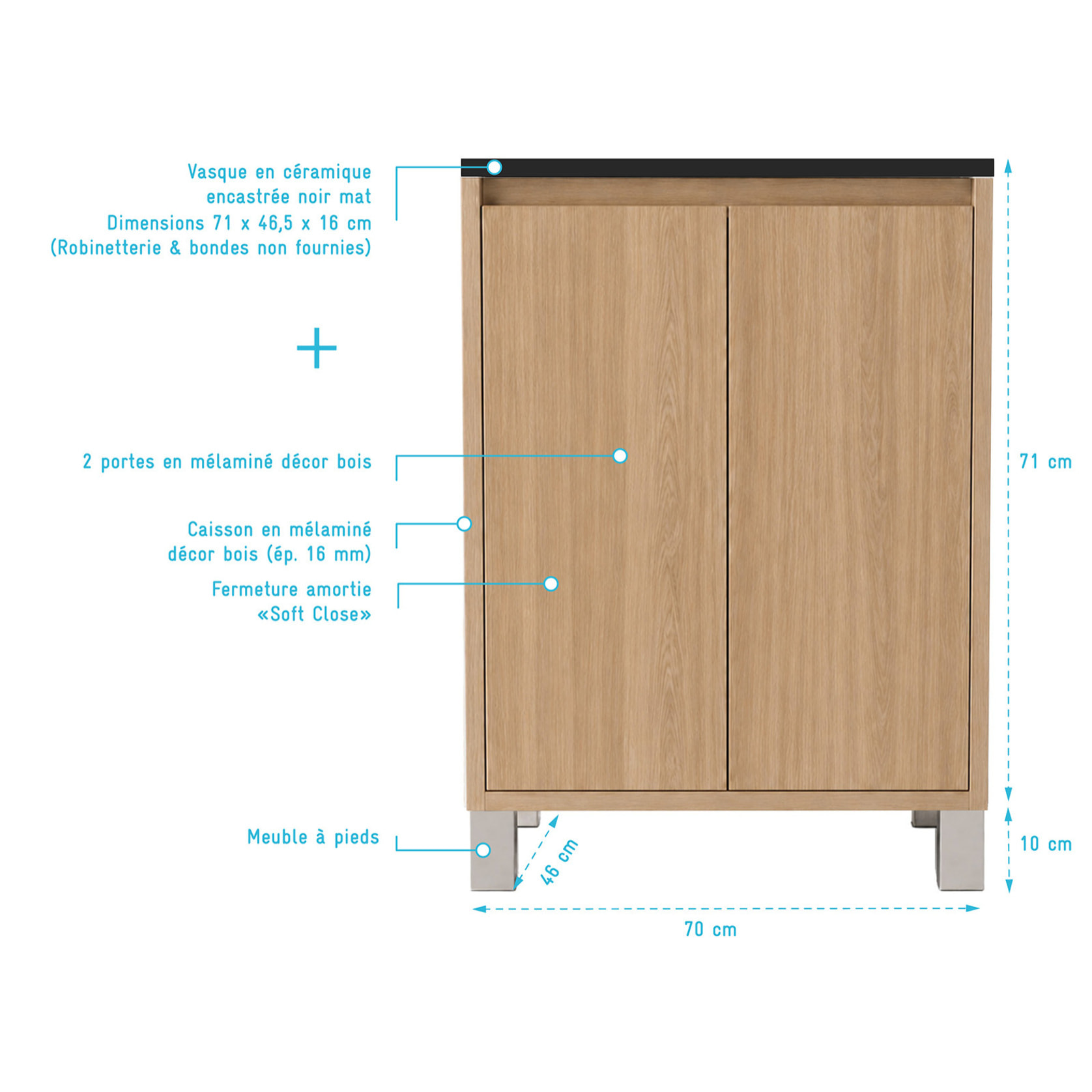 Pack Meuble Salle de Bains 70cm Chêne Clair 2 Portes avec Vasque Céramique Noire - XENOS