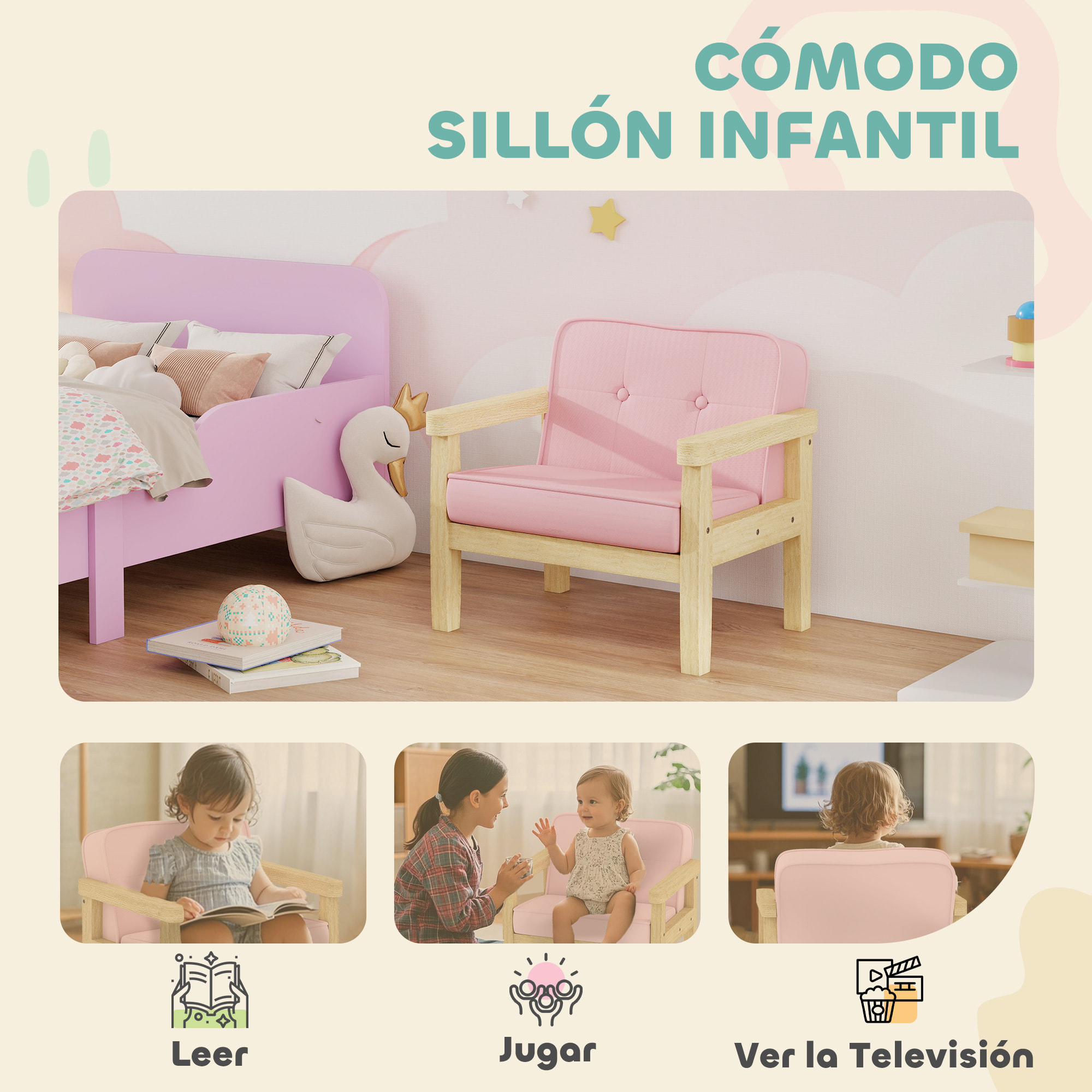Sillón Infantil, Sofá para Niños de +3 Años, con Tejido Suave de Pana, Estructura de Madera, Asiento y Respaldo Acolchado, Reposabrazos, Carga 45 kg, 46,5x44x45 cm, Rosa