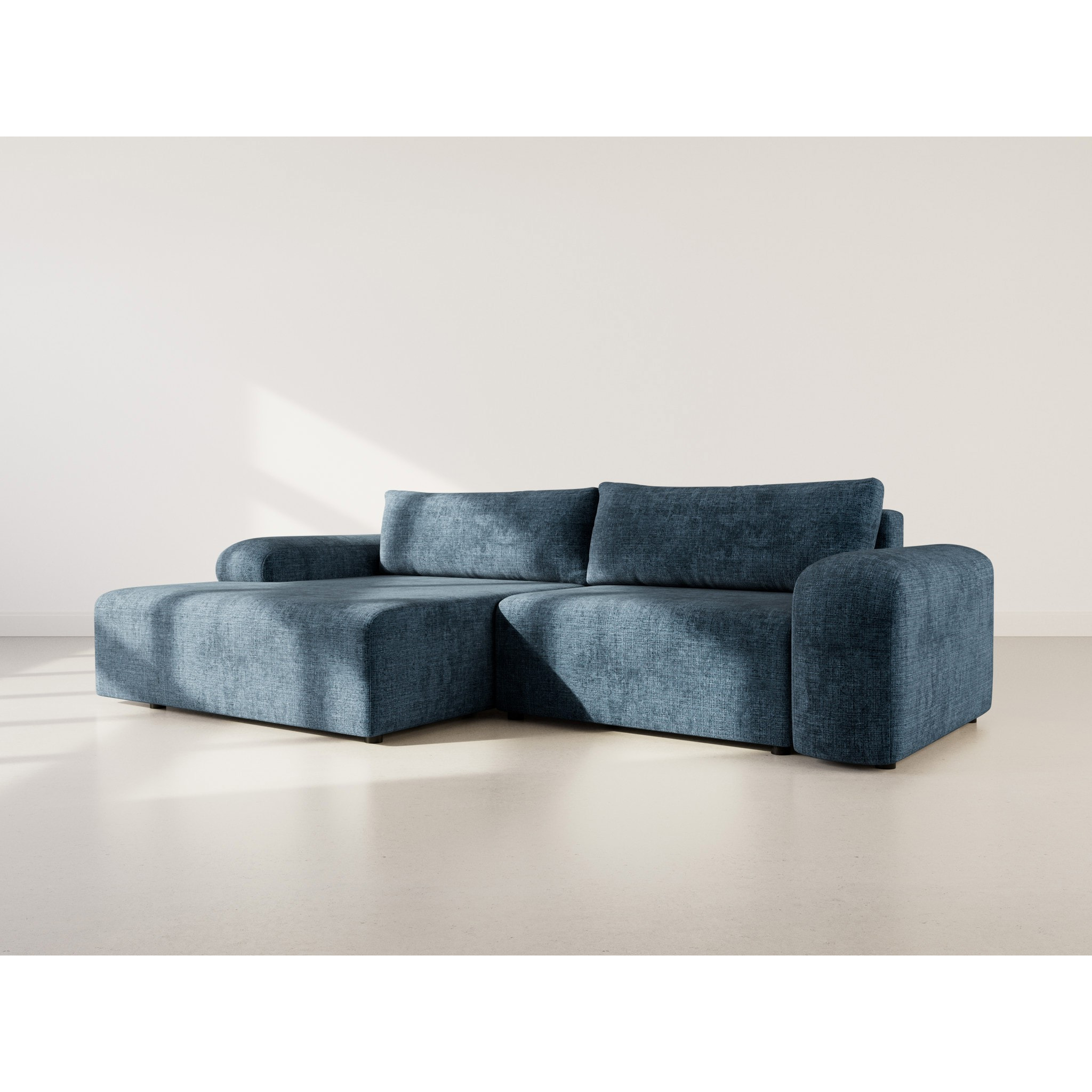 Rebecca - canapé d'angle gauche 4 places convertible avec coffre en velours texturé - Bleu