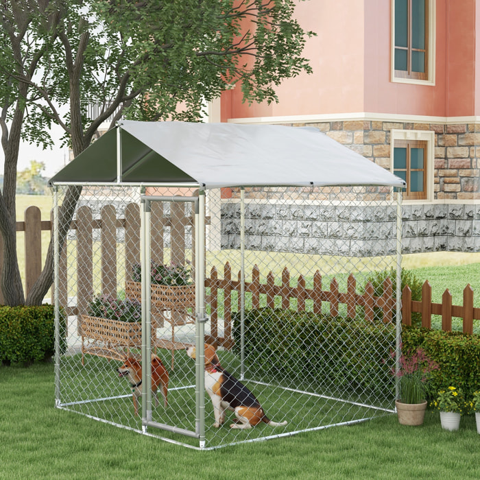 Perrera Jaula de Exterior para Perros Medianos Parque para Perros con Cerradura Marco de Acero Toldo Impermeable y Anti-UV 200x200x237 cm Plata