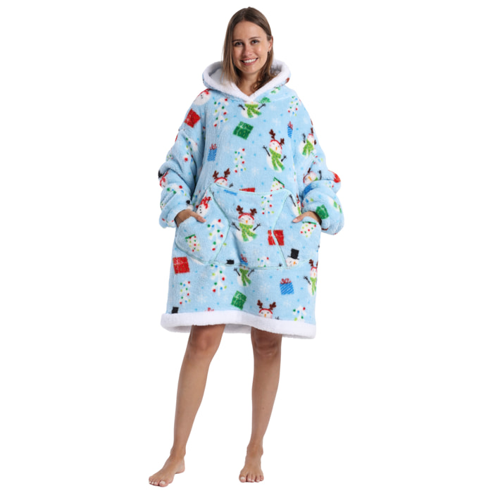 Bata estilo sudadera y manta de felpa extrasuave. Triple bolsillo frontal tipo canguro. Diseño navideño azul tipo corto.