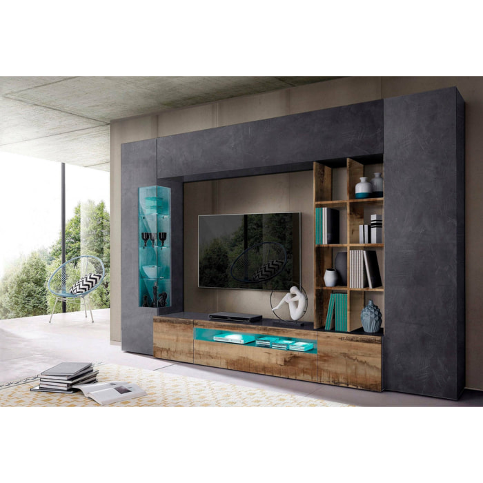 Parete attrezzata Andy, Set salotto porta TV, Mobile soggiorno multiuso con luce LED, 100% Made in Italy, cm 290x40h192, Ardesia e Acero