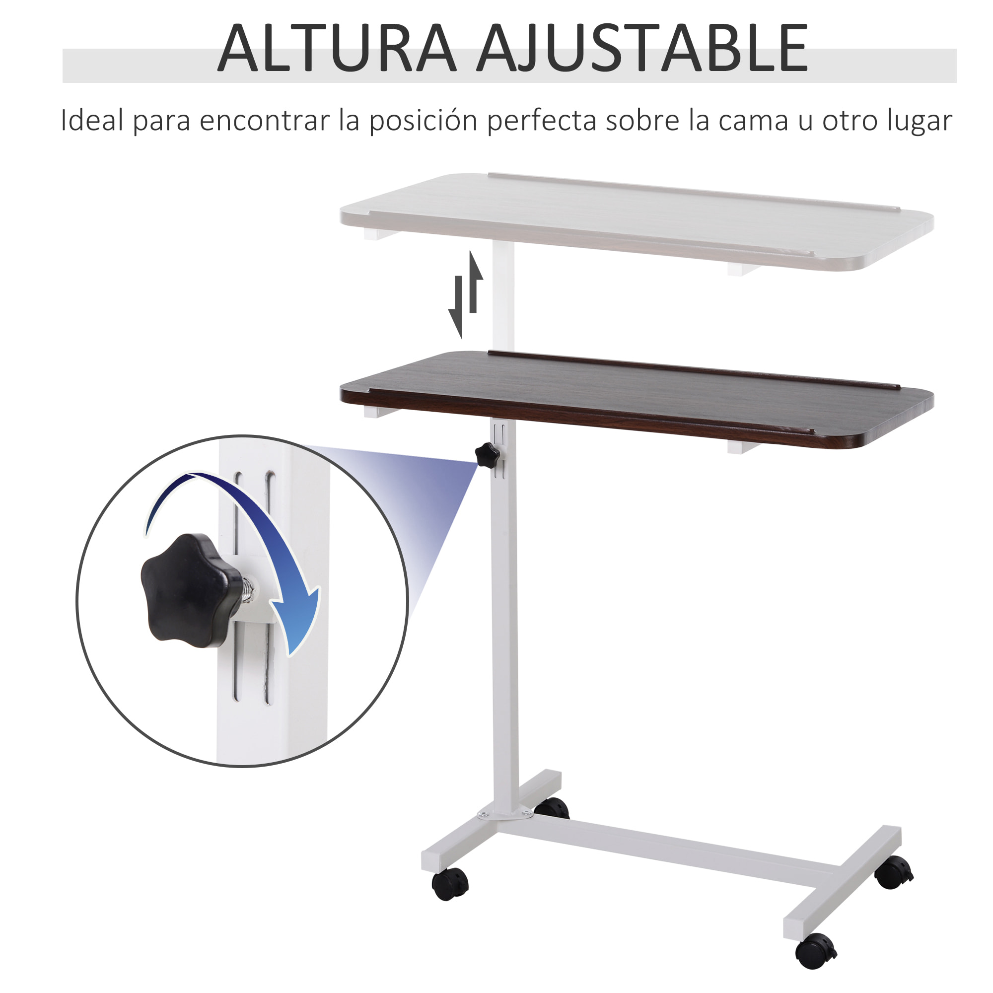 Mesa Auxiliar con Ruedas, Mesa para Sofá y Cama, Altura Ajustable y Marco de Acero, para Dormitorio, Salón, Oficina, 77x40x76-100 cm, Nogal Oscuro y Blanco