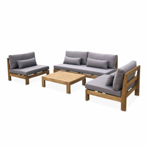 Salon de jardin XXL en bois brossé. effet blanchi – BAHIA – coussins anthracite. ultra confortable. 5 places