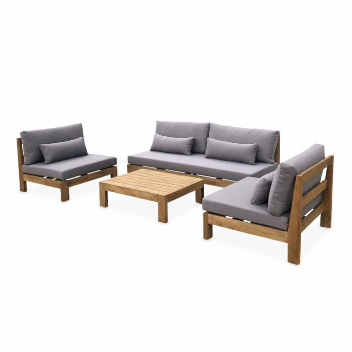 Salon de jardin XXL en bois brossé. effet blanchi – BAHIA – coussins anthracite. ultra confortable. 5 places