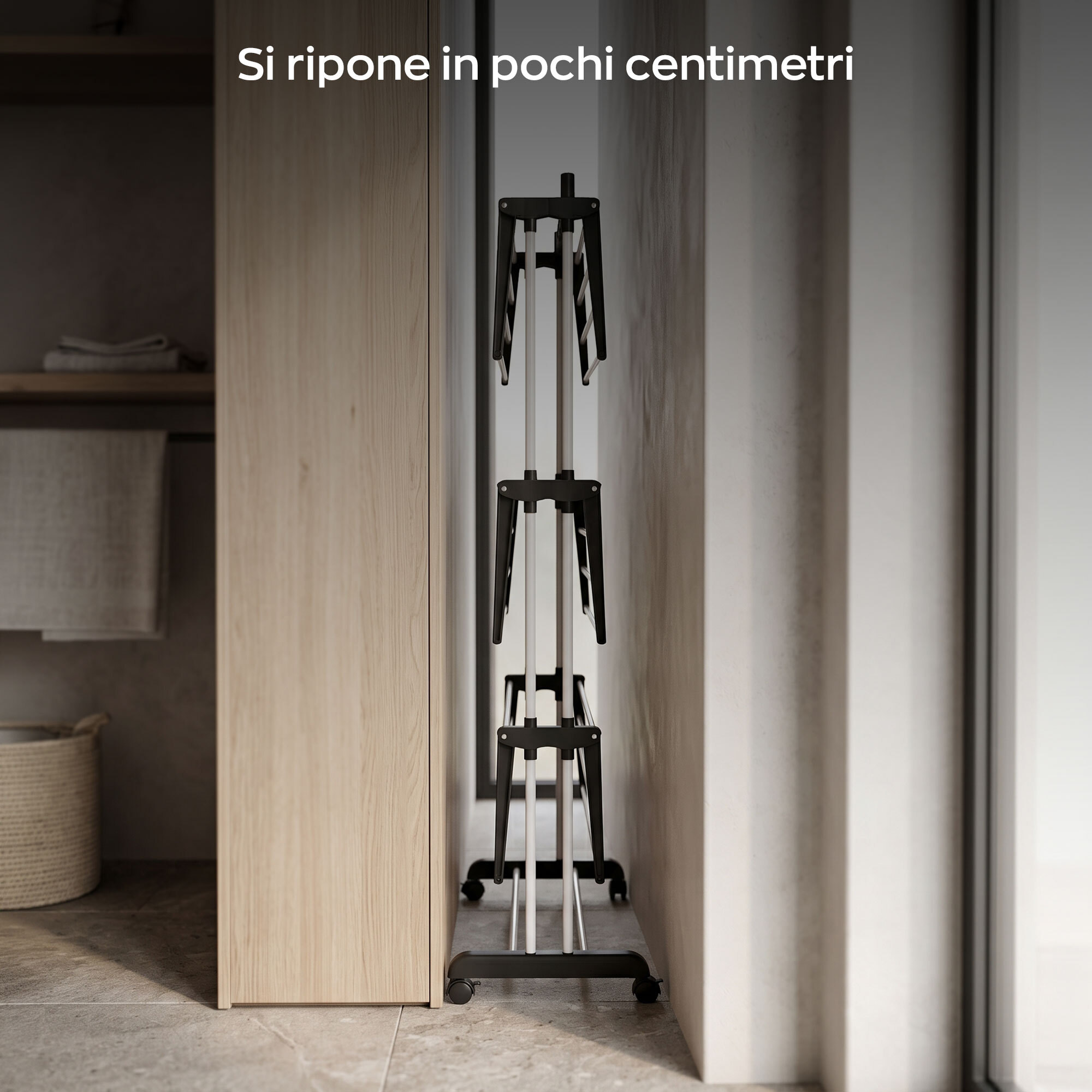 Hangover - Stendibiancheria Verticale 72x171x62,5 cm Stendino 4 Ripiani Pieghevole con Ruote in Resina e Metallo