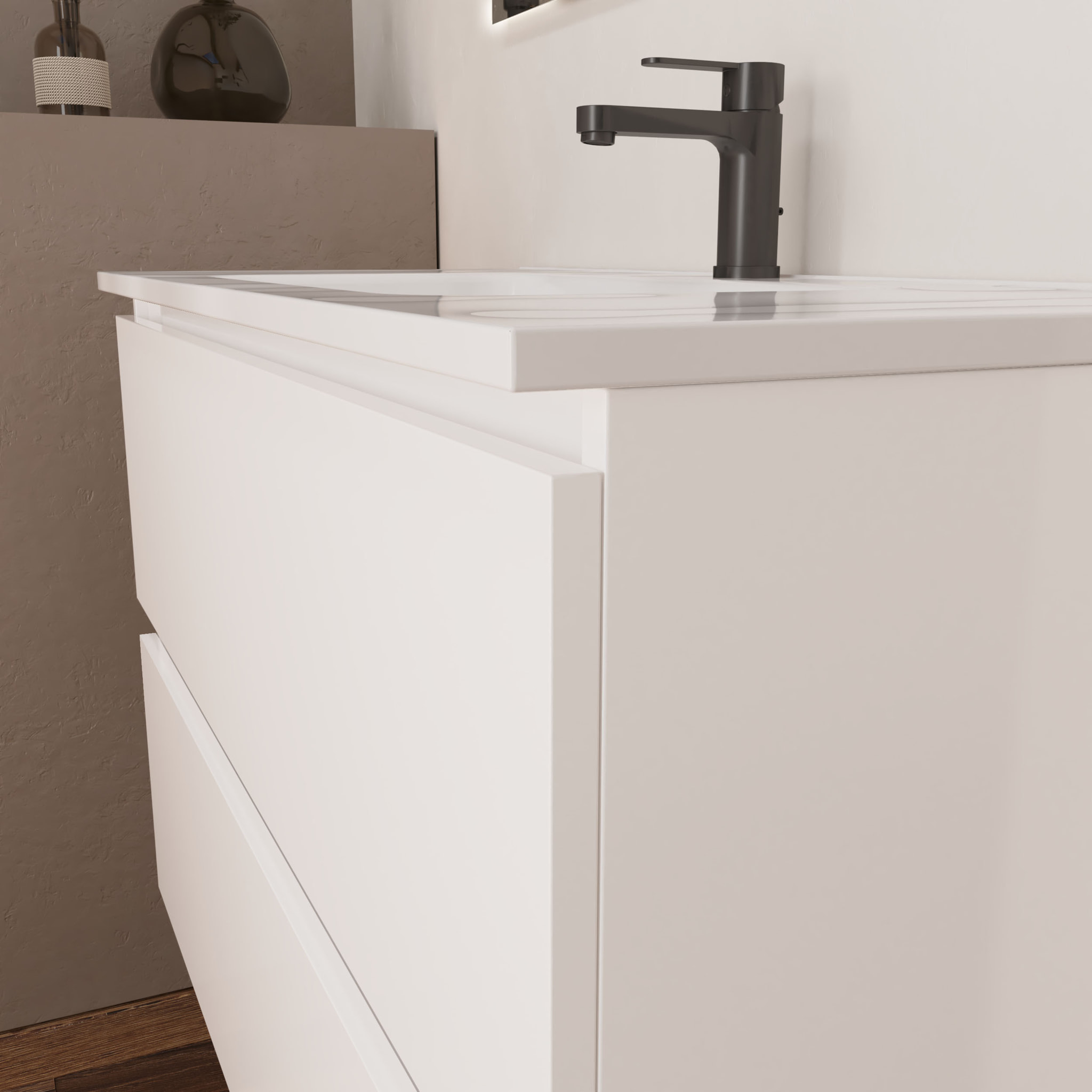 Conjunto de Baño Kaji | Mueble de Baño Suspendido | 60 cm Blanco| Dos Cajones | Lavabo Encastrado | No incluye Espejo | Alday