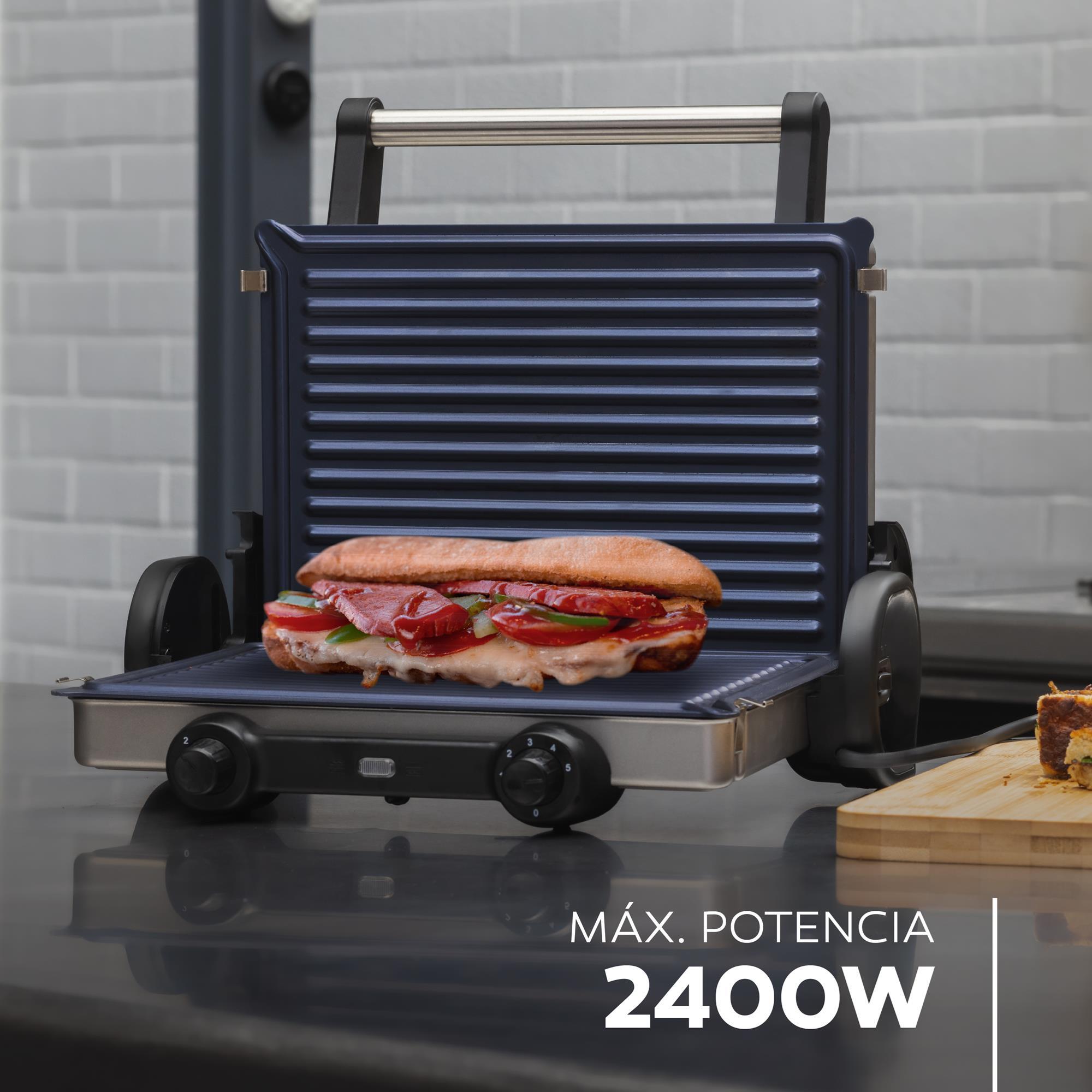 Parrilla eléctrica foodies antiadhernte con grill de 12x32x40cm de 2200w en acero inox y abs y 3 funciones masterpro