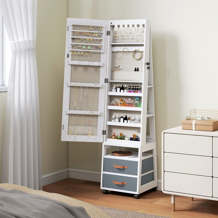 Espejo Joyero con Luces LED Interior, Armario para Joyas con Ruedas, Armario Joyero con Espejo Entero, Giratorio de 360°, Estantes Abiertos, Cajones de Tela, Blanco