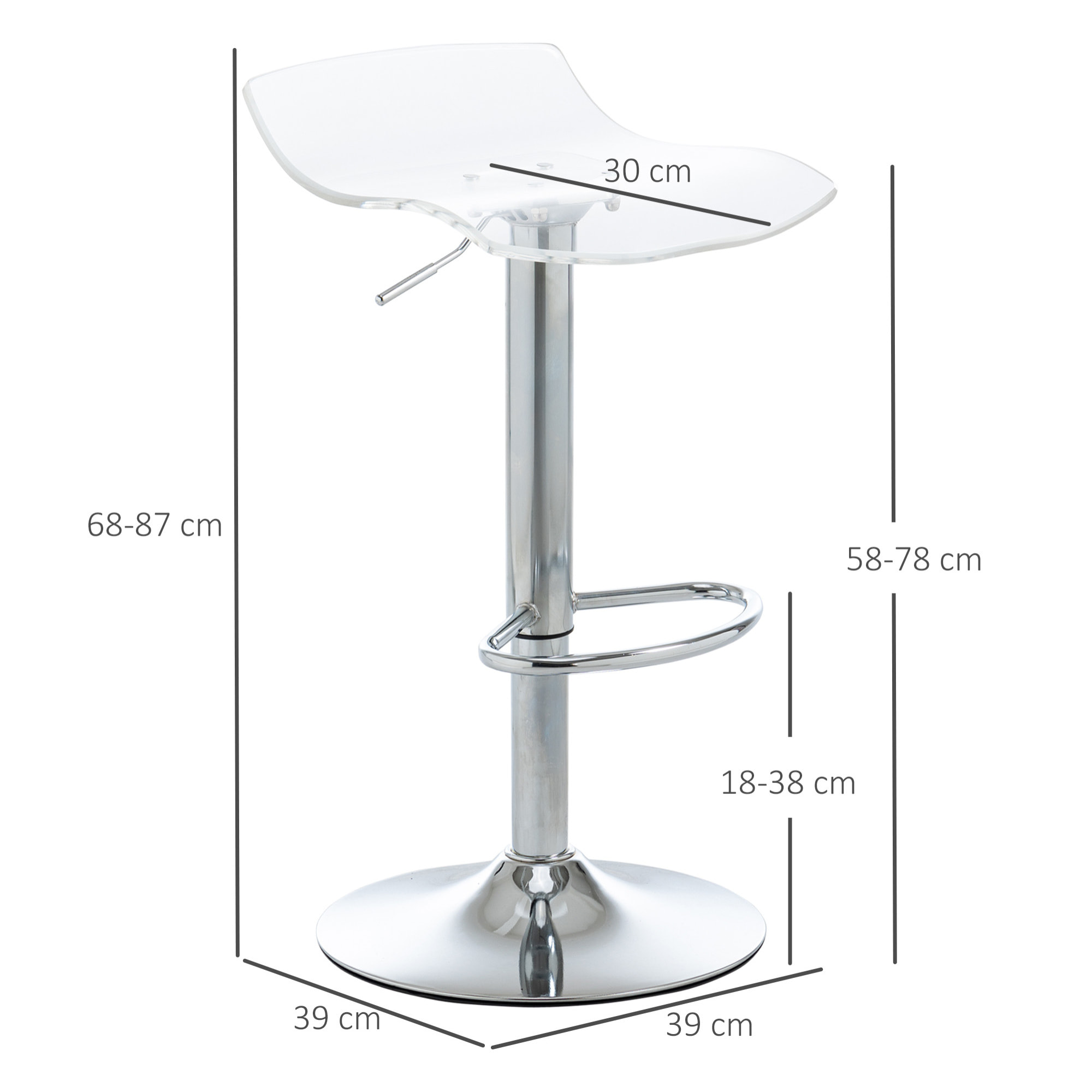 Lot de 2 tabourets de bar design contemporain assise acrylique et piètement métal - pivotant 360° - hauteur réglable avec repose-pieds - transparent