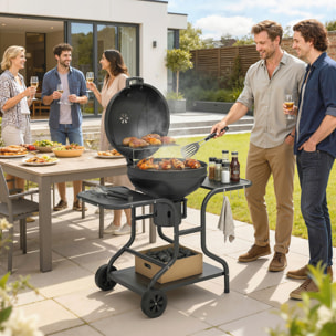 Barbecue à charbon rond mobile avec couvercle thermomètre 2 grilles 3 étagères