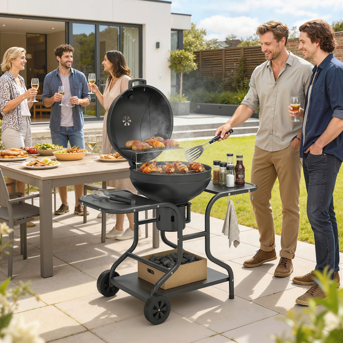 Barbecue à charbon rond mobile avec couvercle thermomètre 2 grilles 3 étagères