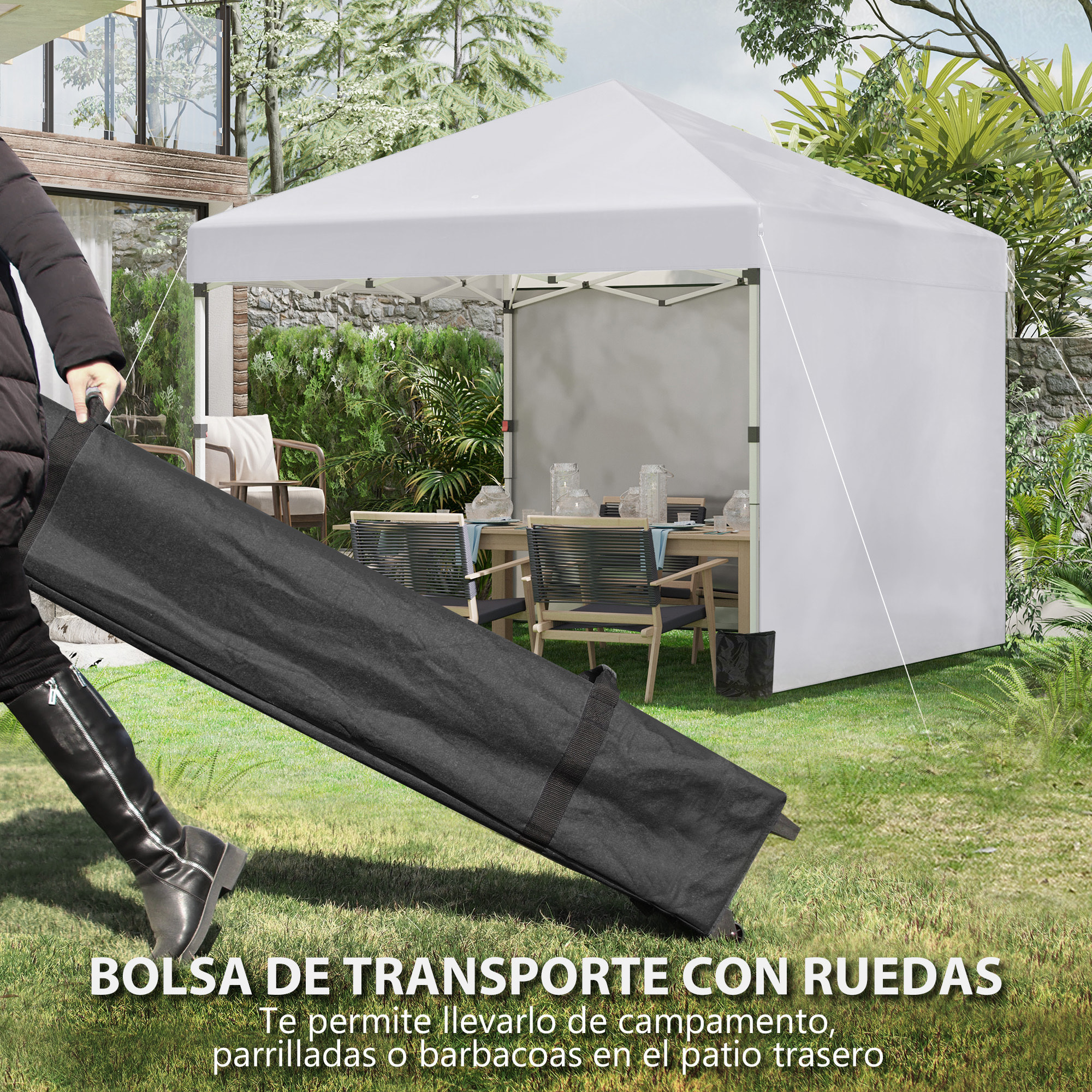 Carpa Plegable Pop-up Gazebo 3x3 m Cenador Plegable con 2 Paredes Laterales Anti-UV Altura Ajustable en 3 Niveles Sacos de Arena y Bolsa de Transporte con Ruedas para Camping Fiestas Blanco