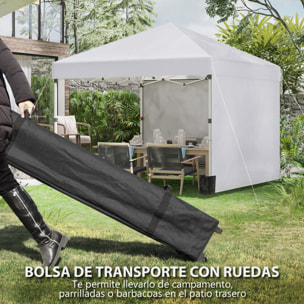 Carpa Plegable Pop-up Gazebo 3x3 m Cenador Plegable con 2 Paredes Laterales Anti-UV Altura Ajustable en 3 Niveles Sacos de Arena y Bolsa de Transporte con Ruedas para Camping Fiestas Blanco