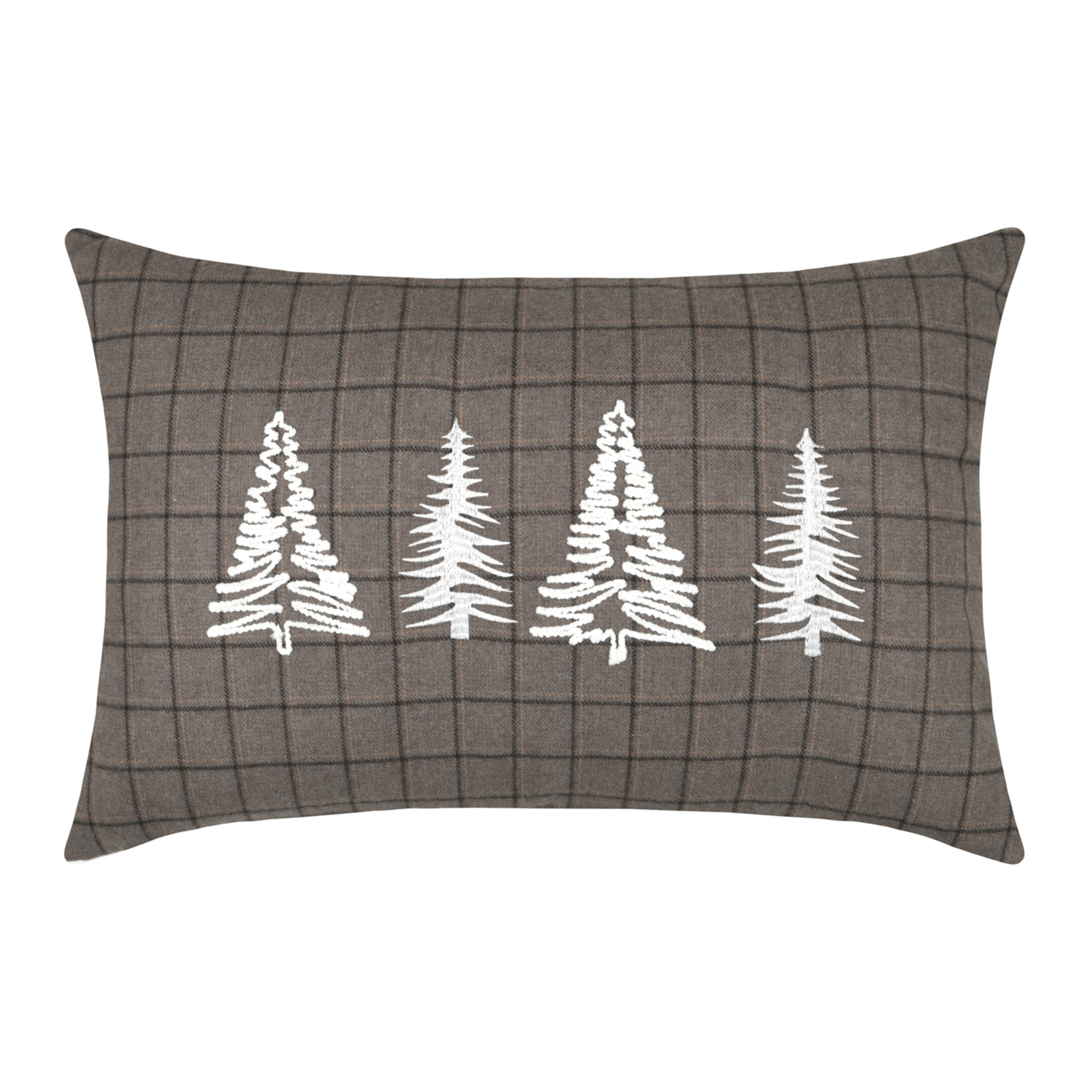 Coussin rectangulaire à carreaux et sapins brodés - Taupe
