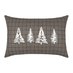 Coussin rectangulaire à carreaux et sapins brodés - Taupe