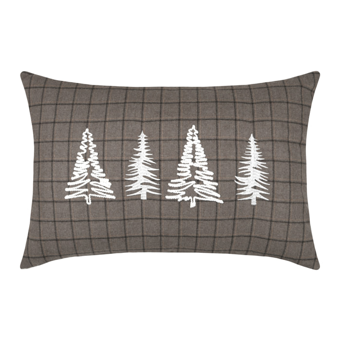 Coussin rectangulaire à carreaux et sapins brodés - Taupe