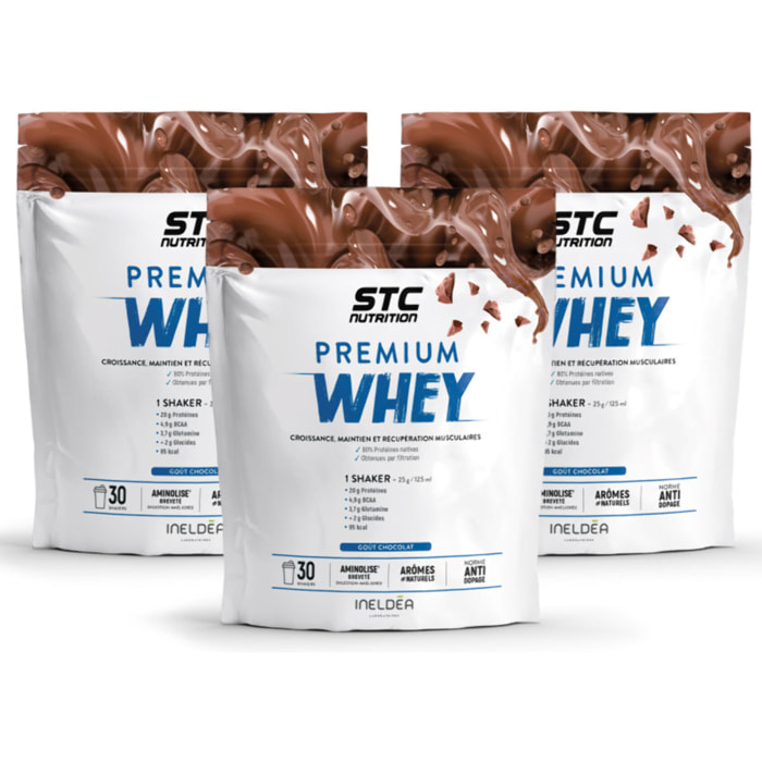 STC NUTRITION - Premium Whey - 80% de protéines natives de lactosérum - Croissance, maintien et réparation musculaires - Digestion facile - Doypack 750g - Chocolat - Lot de 3